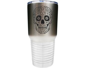 Sugar Skull Design - Stainless Steel Tumbler with Clear Lid - Choice of 12 - 20 - 30 ounce, Colors & Name - Custom Engraved - Birthday Gift