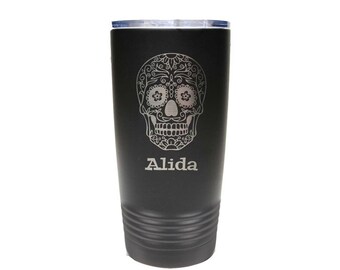 Sugar Skull Design - Stainless Steel Tumbler with a Clear Lid - Laser Engraved - Choices of 12 - 20 - 30 ounce, Text and Spill Proof Lid