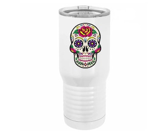 Sugar Skull Full Color 20 ounce White Stainless Steel Tumbler with a Clear Lid including Choices of Design, Text and Spill Proof Slide Lid