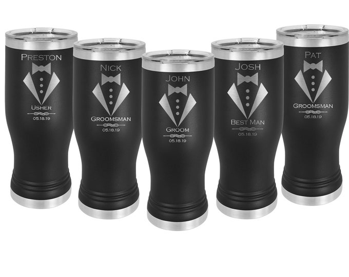 Unique Engraved Design Stainless Steel Pilsner Tumbler in Sets of 4 to 20 with a Clear Lid Choices of Seventeen Colors and Twelve Designs