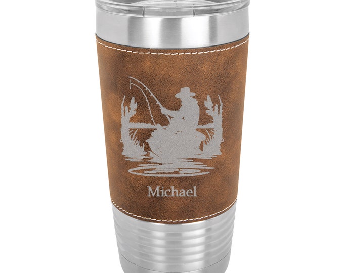 Fisherman Name Tumbler Stainless Steel with Clear Lid - Choice of 12 - 20 - 30 ounce, Colors, Names & Spill Proof Slide Lid - Engraved Gift