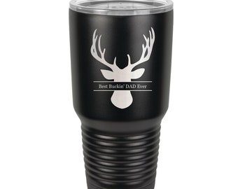 Best Buckin' Deer Head 30 ounce Tumbler made of Stainless Steel with a Clear Lid - Engraved- Choice of Seventeen Colors and Four Sayings