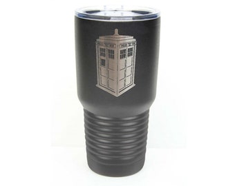 Dr. Who Inspired Tardis Police Box Stainless Steel Tumbler w/Clear Lid - Choices of 10 - 12 - 20 - 30 ounce, Colors, Name, Date & Font