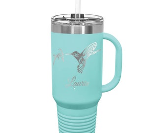Hummingbird Tumbler with Name of your choice Stainless Steel with a Snap Lid and Straw 40 ounce Laser Engraved Choice of Color