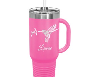 Hummingbird Tumbler with Name of your choice Stainless Steel with a Snap Lid and Straw 40 ounce Laser Engraved Choice of Color