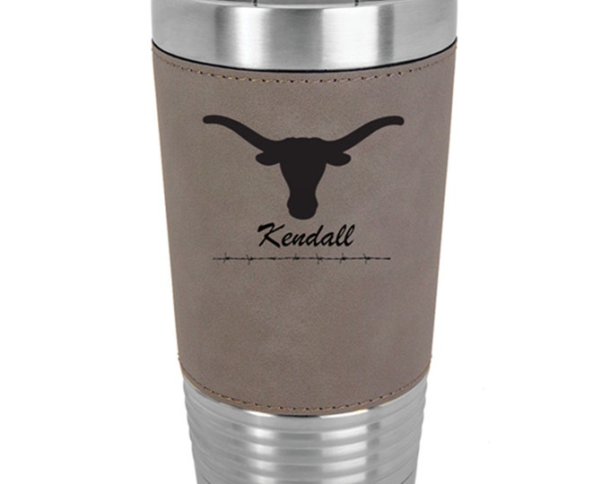 Longhorn Name Tumbler - Set of 2 to 15 - Stainless Steel 20 ounce with a Clear Lid - Custom Engraved - Choice of Colors, Text & Font