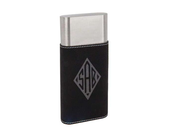 Cigar Case with Cutter made of Stainless Steel wrapped in Leatherette Laser Engraved including Choices of Seven Colors, Four Designs