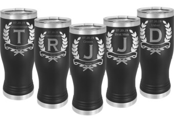 Bridal Party 20 ounce Pilsner Tumbler with Choice of Twelve Unique Designs - Stainless Steel with a Clear Lid in Sets of 4 to 20 - Engraved