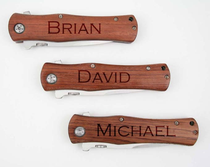 Groomsmen Gift, 9 Personalized Pocket Knives with Wood Handle, Pocket Clip and Gift Box, Custom Engraved, Wedding Favor, Bridal Party