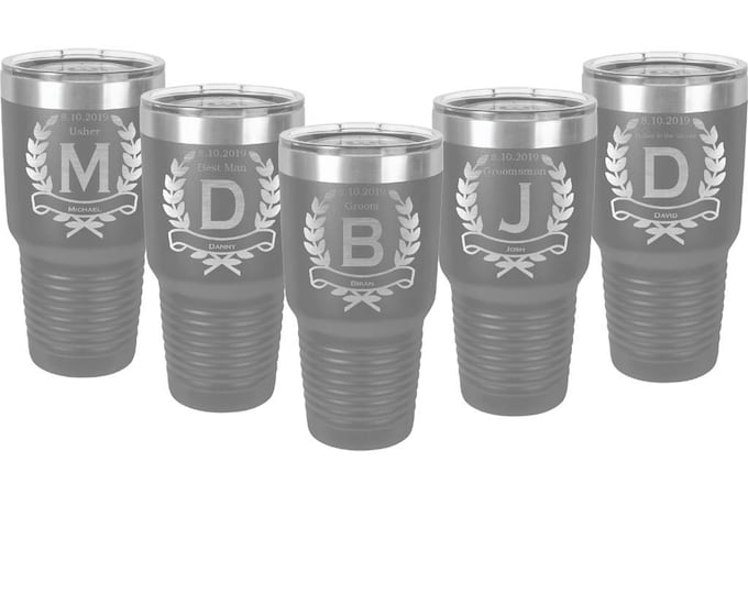 Sets of 2 to 15 Groomsman Tumblers 30 ounce Stainless Steel Custom Engraved with a Clear Lid including Choices of Design, Color and Text