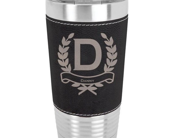 Wreath Design Tumbler Double Wall Stainless Steel with Clear Lid Laser Engraved - Choices of 12 - 20 - 30 oz, Color, Text & Spill Proof Lid