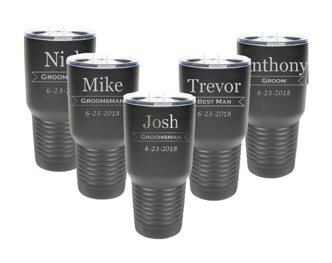 Bridal Party Tumbler made of Double Wall Stainless Steel 30 ounce Custom Laser Engraved with a Clear Lid - Choices of Color & Twelve Designs