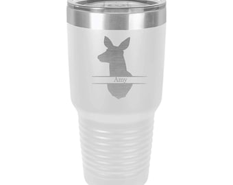Doe Head Engraved Design Tumbler Stainless Steel with a Clear Lid - Choices of Color, Font, Four Sizes of Tumblers & Spill Proof Lid