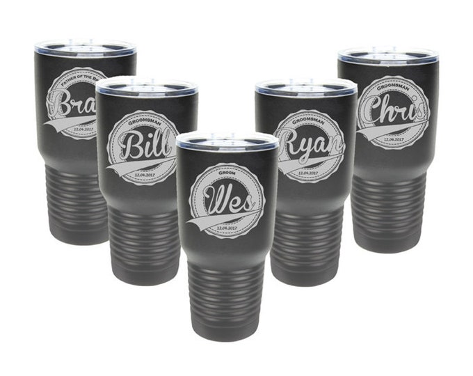 Wedding Party Tumbler 30 oz made of Stainless Steel Custom Engraved Design with Clear a Lid - Choices of Color & Design