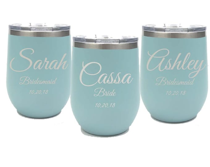 Elegant Design Bridal Party Tumbler made of Stainless Steel with a Clear Lid Engraved - Choices of Tumbler Size, Color & Spill Proof Lid