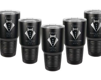 Groomsmen Tumblers - Set of 12 - Stainless Steel with a Clear Lid - 30 ounce - Personalized Custom Engraved - Choices of Color & Design