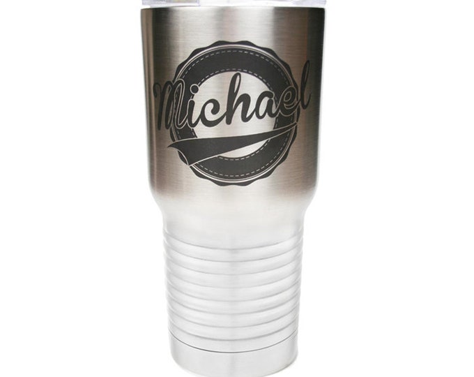 Name Tumbler with Swoosh Design - Stainless Steel Laser Engraved with Clear Lid - Choices of 12 - 20 - 30 oz, Color, Name & Spill Proof Lid