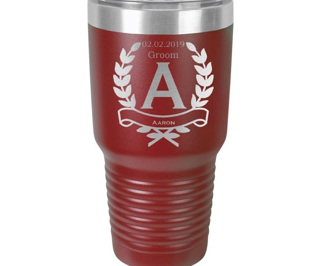 Groomsmen Tumbler 30 ounce made of Stainless Steel Personalized Custom Engraved with a Clear Lid - Choices of Color, Design, Name & Title