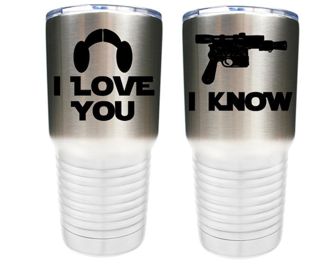 I Love You I Know - Star Wars Inspired - Set of 2 - Stainless Steel Tumblers with Clear Lid - Choice of 12 - 20 - 30 oz, Colors, Name & Date