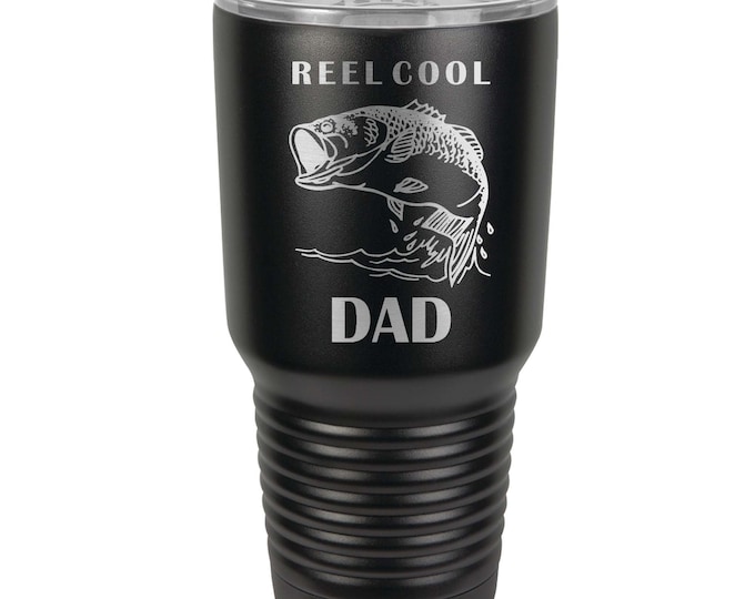 Reel Cool DAD Fishing Gift - 30 ounce Double Wall Stainless Steel Tumbler with a Clear Lid - Laser Engraved - Choice of Seventeen Colors
