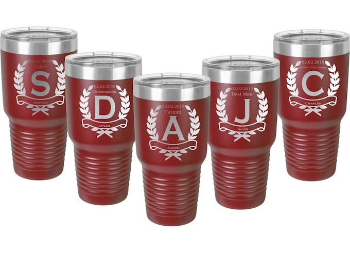 Wedding Party 30 oz Tumbler made of Stainless Steel with a Clear Lid Custom Engraved - Choices of Seventeen Colors & Twelve Designs