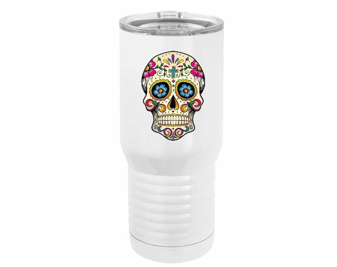 Elegant Full Color Sugar Skull Design on a 20 ounce White Stainless Steel Tumbler with a Clear Lid & Choices of Four Designs