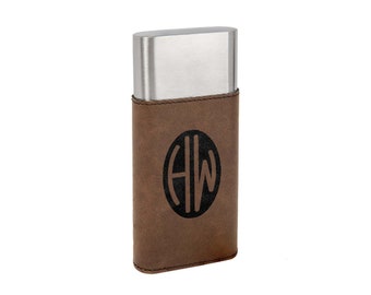 Cigar Case with Cutter made of Stainless Steel wrapped in Leatherette Laser Engraved including Choices of Seven Colors, Four Designs