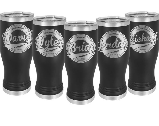 Wedding 20 oz Pilsner shaped Tumbler in Sets of 4 to 20 Stainless Steel Custom Engraved with a Clear Lid - Choice of Color, Design and Name