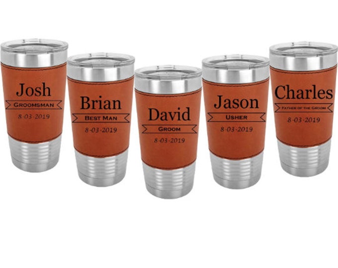 Stainless Steel Tumbler wrapped in Leatherette 20 ounce in Sets of 4 to 15 Engraved w/Clear Lid including Choices of Color, Design & Text