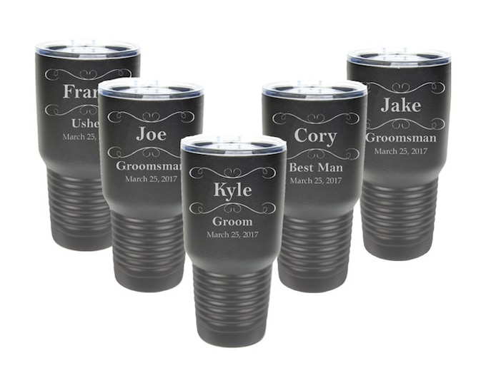 Groomsmen Tumbler - Stainless Steel with Clear Lid - Choices of 12 - 20 - 30 ounce, Color, Name, Title, Date & Spill Proof Slide Lid - Gift