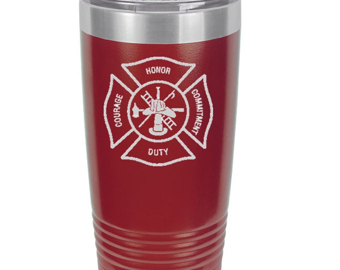 Firefighter Tumbler Stainless Steel with Clear Lid - Laser Engraved - Choices of 12, 20, 30 oz, Color, Name, Design, Font & Spill Proof Lid