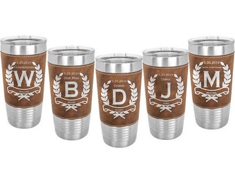 Leatherette wrapped Stainless Steel 20 ounce Tumbler in Set of 4 to 15 - Custom Engraved with a Clear Lid - Choices of Color & Eight Designs