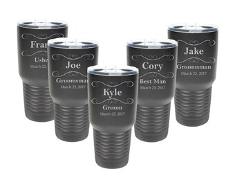 Sets of 2 to 15 Groomsman Tumblers 30 ounce Stainless Steel Custom Engraved with a Clear Lid including Choices of Design, Color and Text