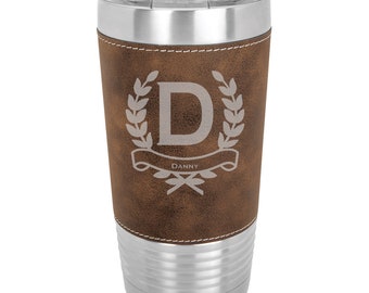 Laurel Wreath Tumbler 20 ounce Leatherette wrapped with Clear Lid - Choices of Color, Name, Letter & Spill Proof Lid - Custom Engraved