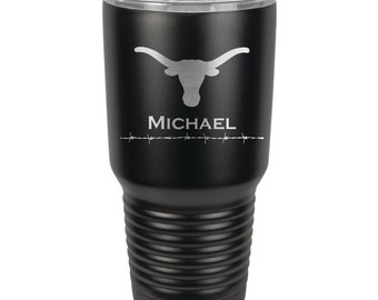 Longhorn Name Tumbler Stainless Steel with Clear Lid - 30 ounce, Choice of Colors, Names & Spill Proof Slide Lid - Engraved Gift