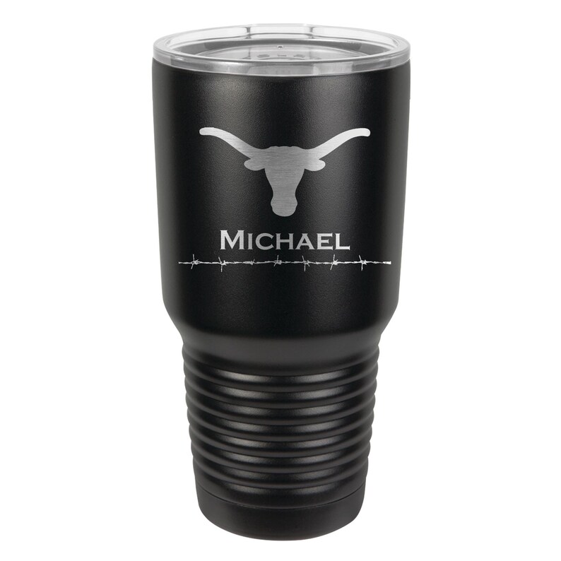 Longhorn Name Tumbler Stainless Steel with Clear Lid 30 ounce, Choice of Colors, Names & Spill Proof Slide Lid Engraved Gift image 1