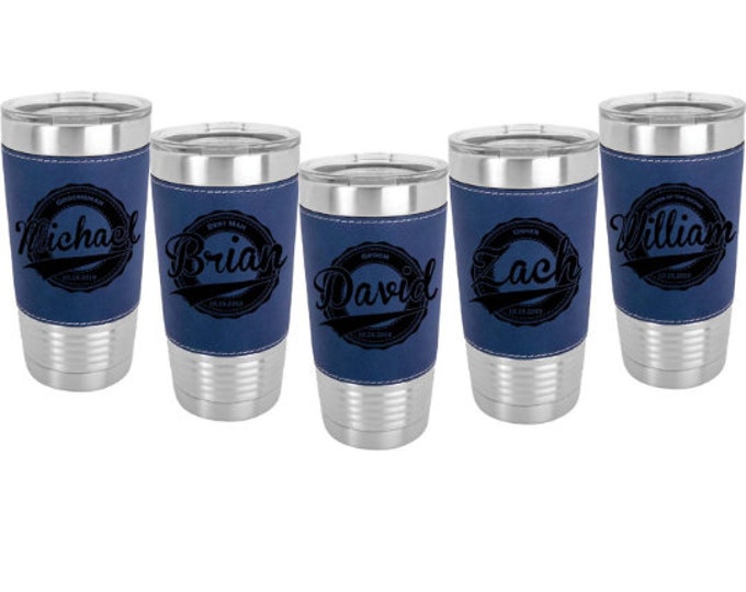 Groomsman Leatherette Stainless Steel 20 ounce Tumbler - Sets of 4 to 15 - Engraved with a Clear Lid including Choices of Color and Design