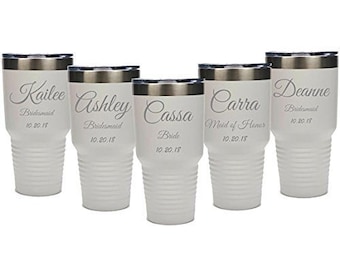 Bridesmaid Tumbler Stainless Steel with Clear Lid Custom Engraved including Choices of 10, 12, 20, 30 ounce, Color, Text and Spill Proof Lid