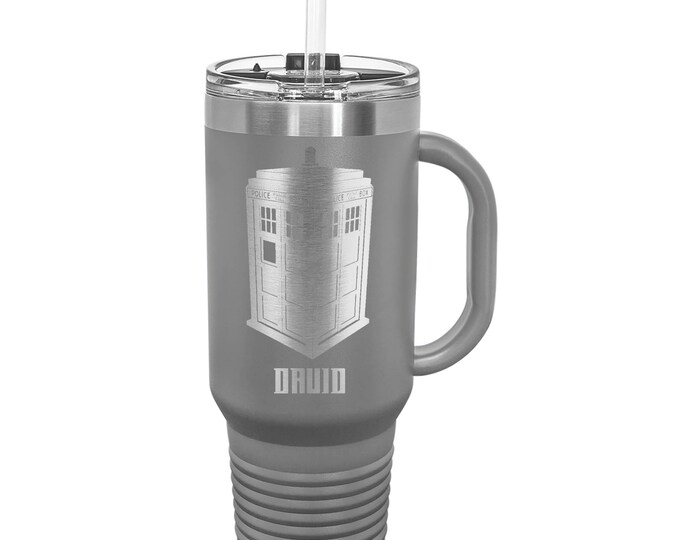 Police Box Tumbler made of Stainless Steel with a Snap Lid and Straw 40 ounce Laser Engraved Choice of Color