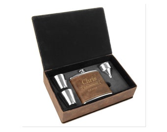 Groomsmen Brown Leatherette 6 oz Stainless Steel Flask Set with Leatherette Gift Box Custom Engraved - Choices of Three Designs & Text
