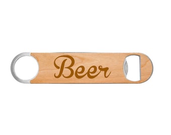 Beer Bottle Opener made of Stainless Steel wrapped in Wood or Leatherette Laser Engraved Including Choice of Twelve Colors and Twelve Fonts