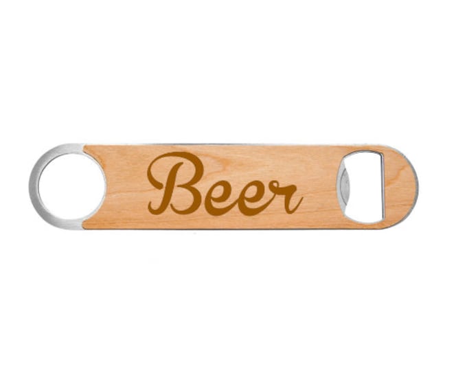 Beer Bottle Opener made of Stainless Steel wrapped in Wood or Leatherette Laser Engraved Including Choice of Twelve Colors and Twelve Fonts