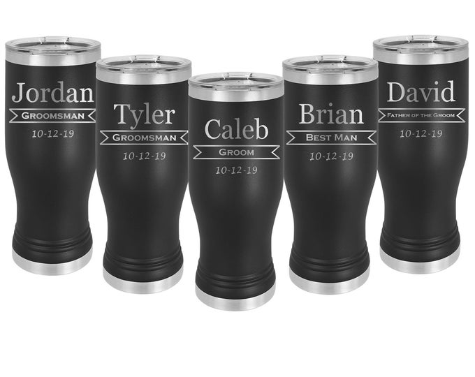 20 ounce Double Wall Stainless Steel Pilsner Tumbler in Sets of 4 to 20 with a Clear Lid Laser Engraved Choices of Color and Twelve Designs