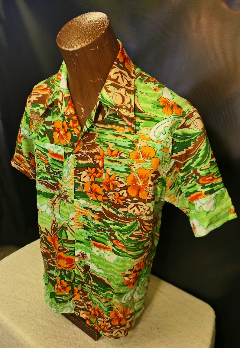 Vintage Palmtrees of Branford Green Orange Brown Hawaiian Shirt Bright Size Large 1980/'s 1970/'s!