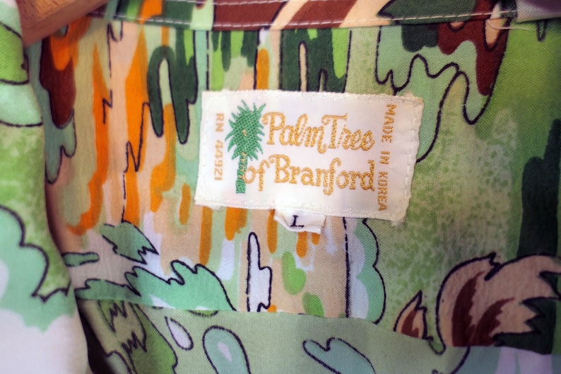 Vintage Palmtrees of Branford Green Orange Brown Hawaiian Shirt Bright Size Large 1980/'s 1970/'s!