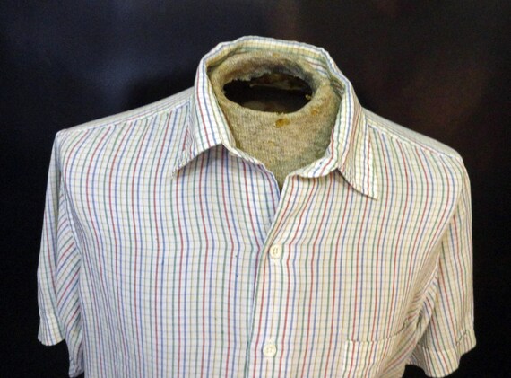 red blue and green striped shirt