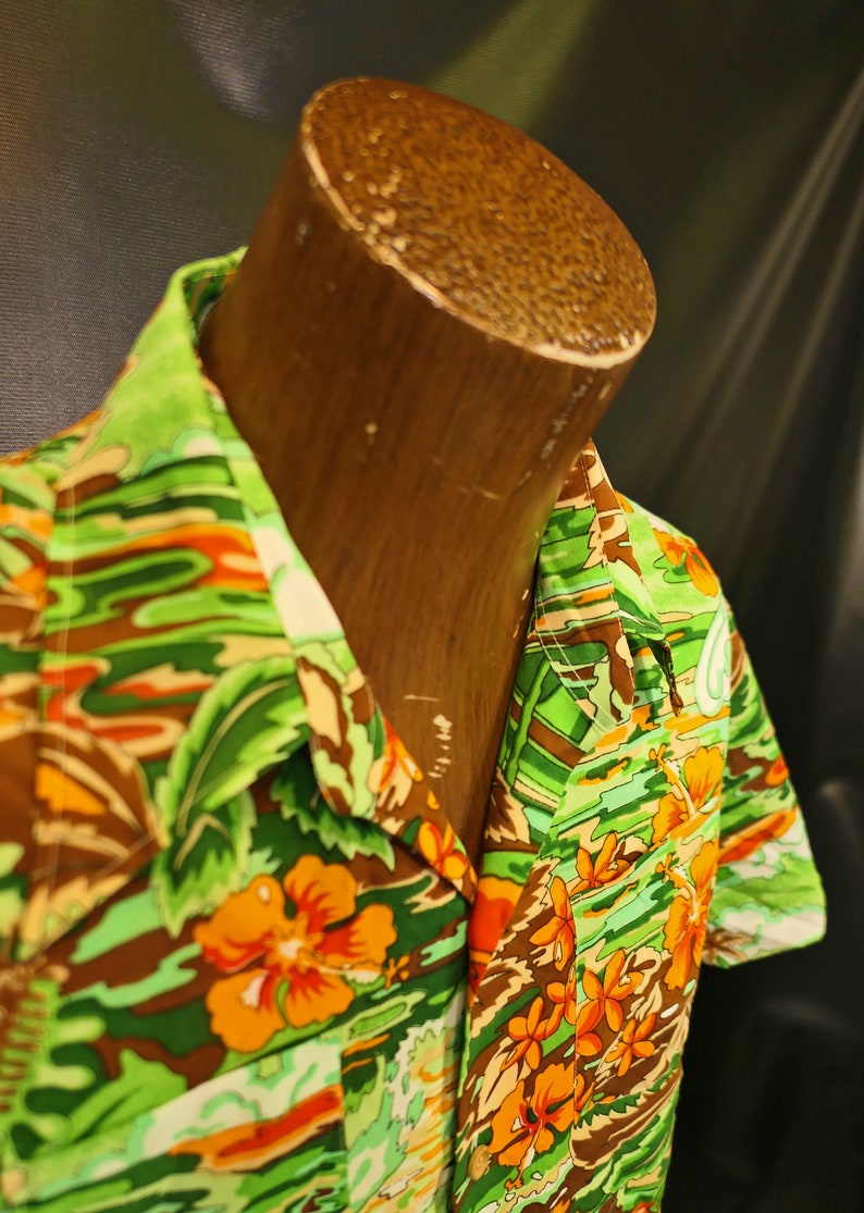 Vintage Palmtrees of Branford Green Orange Brown Hawaiian Shirt Bright Size Large 1980/'s 1970/'s!
