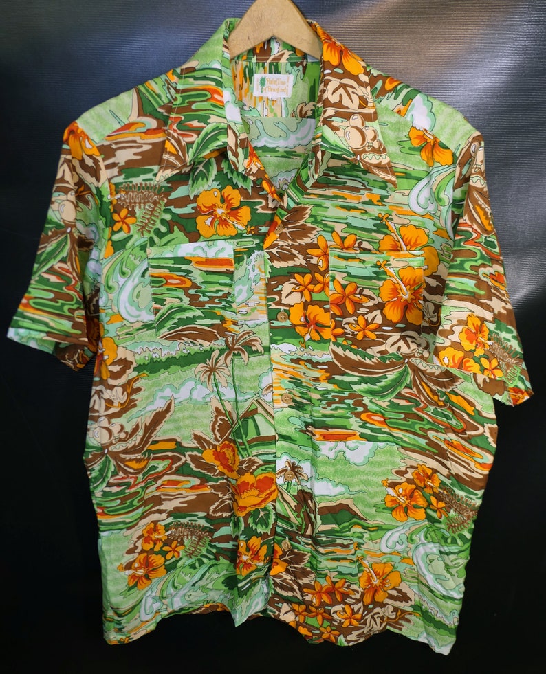 Vintage Palmtrees of Branford Green Orange Brown Hawaiian Shirt Bright Size Large 1980/'s 1970/'s!