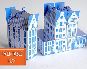 Delfts Blauwe Bedrukbare Geschenkdozen | Nederlands Grachtenhuis | Directe download