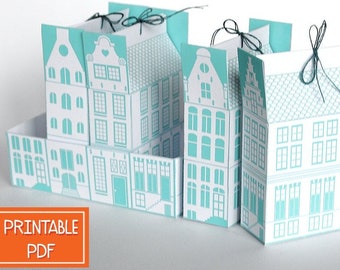 Printable DIY Gift Box | Dutch Canal House | Digital PDF Packaging , Housewarming, Amsterdam